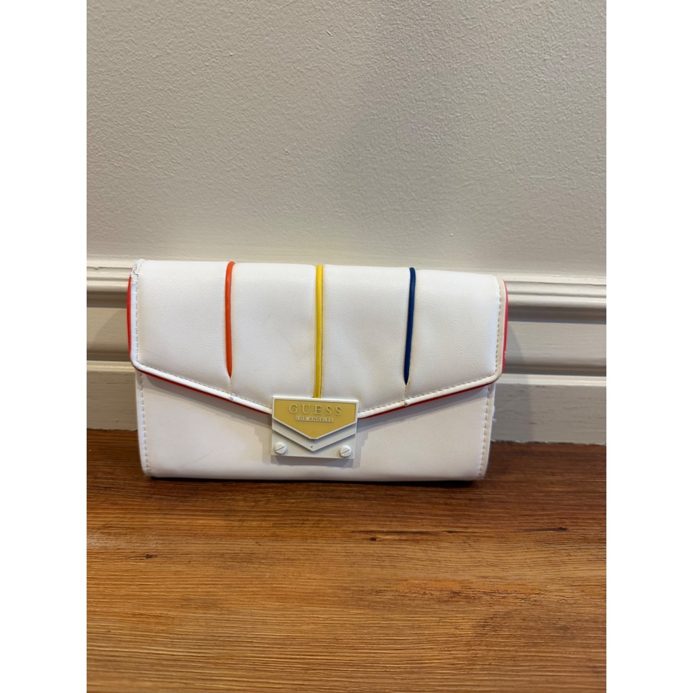 Guess Los Angeles White Wallet Rainbow Stripe Faux Leather Envelope Clutch Retro